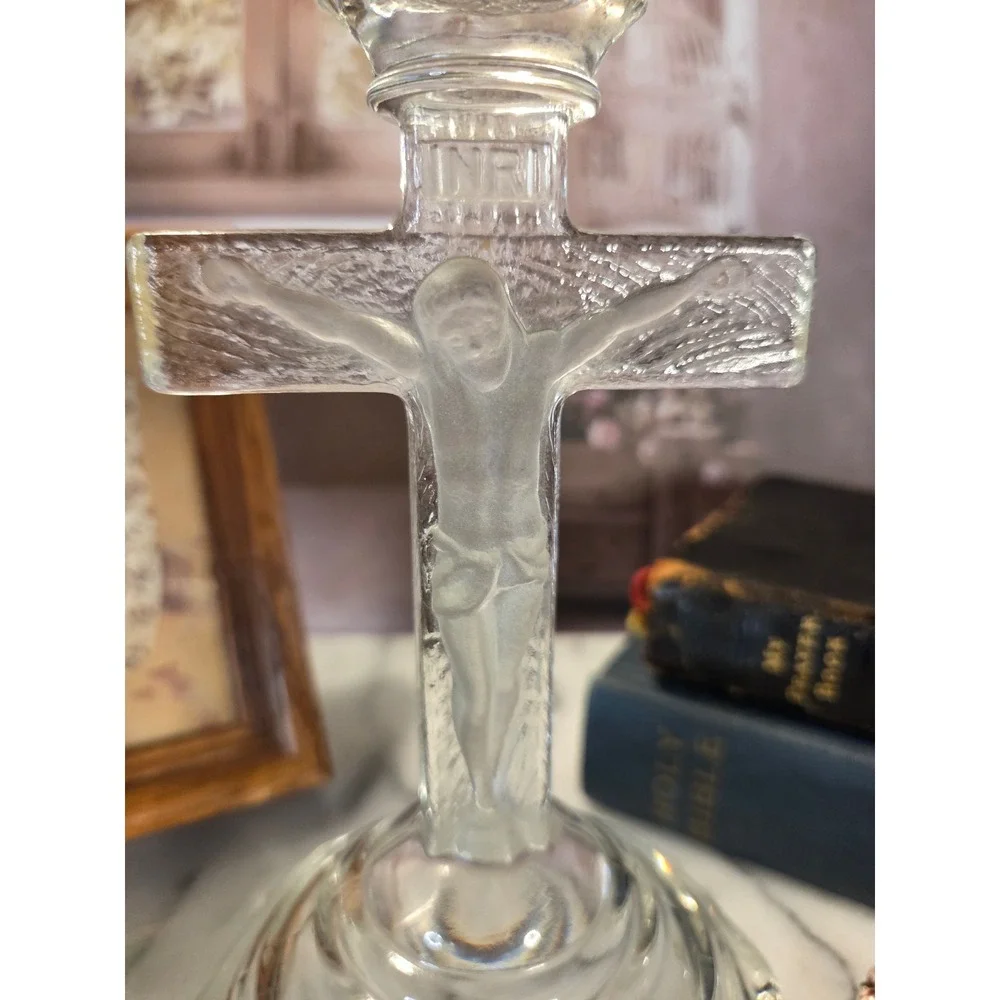 Vintage Glass‎ Crucifix Candle HolderJesus Religious Decor Altar